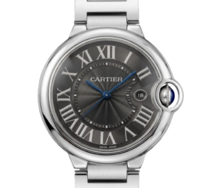 Luxury silver Cartier watch with black dial and Roman numerals.