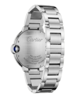 Silver stainless steel men's watch with round face and blue crown detail.