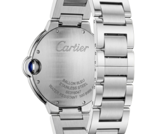 Silver stainless steel men's watch with round face and blue crown detail.