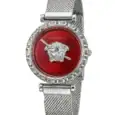 Versace watch with red dial, Medusa logo, and silver mesh strap.