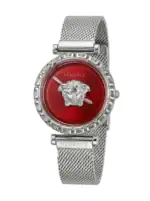 Versace watch with red dial, Medusa logo, and silver mesh strap.
