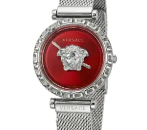 Versace watch with red dial, Medusa logo, and silver mesh strap.