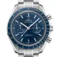 Luxury Omega Speedmaster watch with blue dial and stainless steel bracelet.