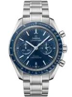 Luxury Omega Speedmaster watch with blue dial and stainless steel bracelet.