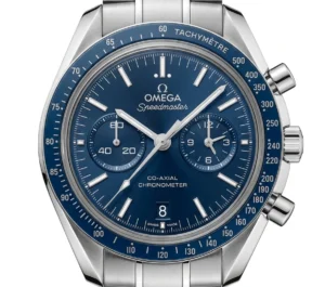 Luxury Omega Speedmaster watch with blue dial and stainless steel bracelet.