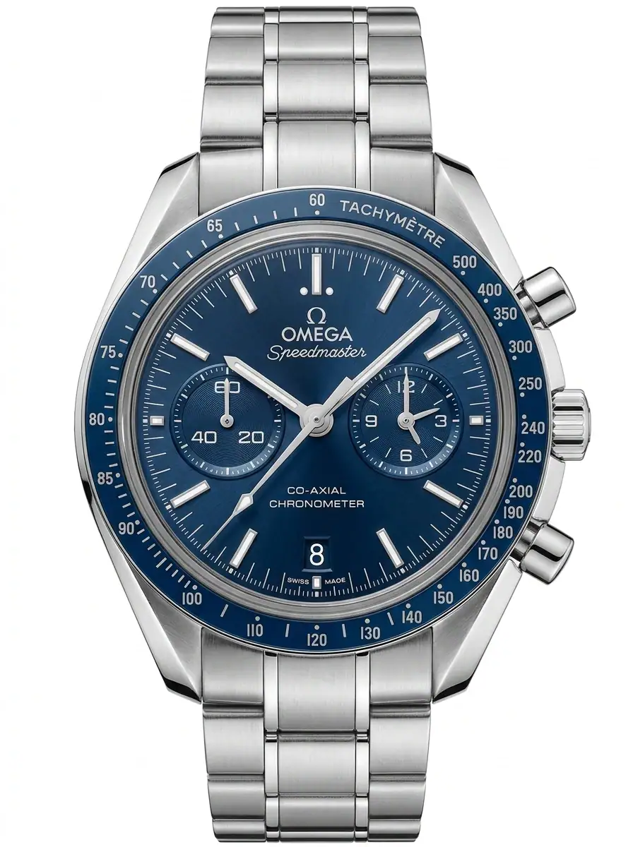 Omega Speedmaster Blue Chronograph Watch Luxury Omega Speedmaster watch with blue dial and stainless steel bracelet.
