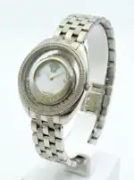 Luxury Versace silver watch with mother-of-pearl dial and diamond accents.