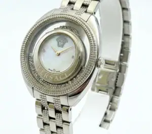 Luxury Versace silver watch with mother-of-pearl dial and diamond accents.