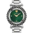 Versace luxury watch with green dial, silver band, and Greek key bezel.