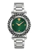 Versace luxury watch with green dial, silver band, and Greek key bezel.