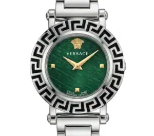 Versace luxury watch with green dial, silver band, and Greek key bezel.