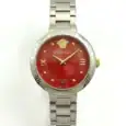 Versace luxury watch with red dial and silver band, gold accents.