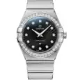 Luxury Omega Constellation watch with diamond bezel and black dial.