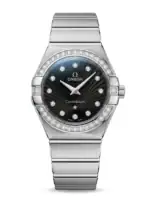 Luxury Omega Constellation watch with diamond bezel and black dial.