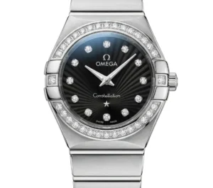 Luxury Omega Constellation watch with diamond bezel and black dial.