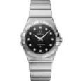 Omega Constellation women's watch with black dial and diamond hour markers.