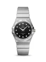 Omega Constellation women's watch with black dial and diamond hour markers.