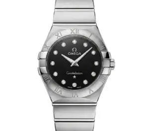 Omega Constellation women's watch with black dial and diamond hour markers.