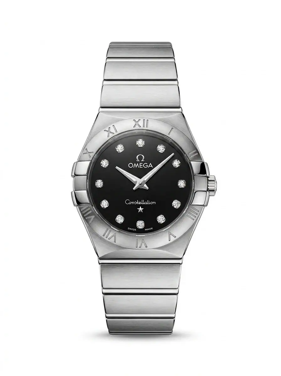 Omega Constellation Roman Bezel Women Watch Omega Constellation women's watch with black dial and diamond hour markers.