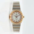 Two-tone women's Omega Constellation watch with diamond hour markers.