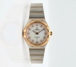 Two-tone women's Omega Constellation watch with diamond hour markers.
