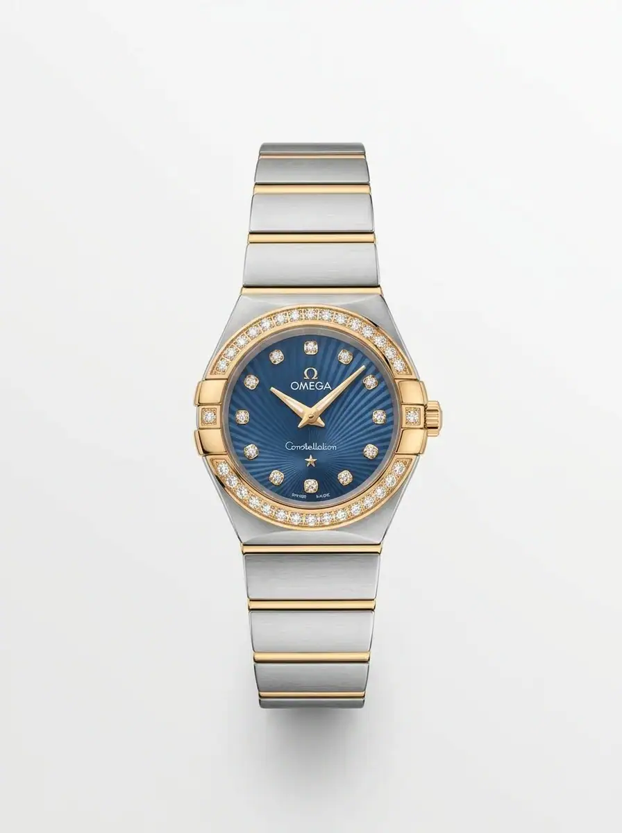 Omega Constellation Two-Tone Blue Diamond Watch Luxury Omega Constellation watch with blue dial, diamond accents, and two-tone bracelet.