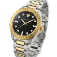 Luxury Versace watch with black dial, gold and silver accents, and Greek key bezel.