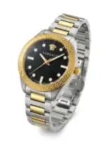 Luxury Versace watch with black dial, gold and silver accents, and Greek key bezel.