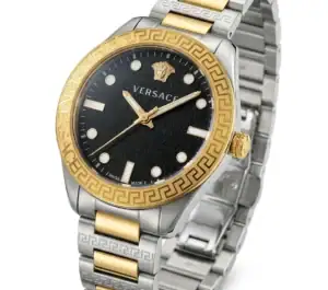 Luxury Versace watch with black dial, gold and silver accents, and Greek key bezel.