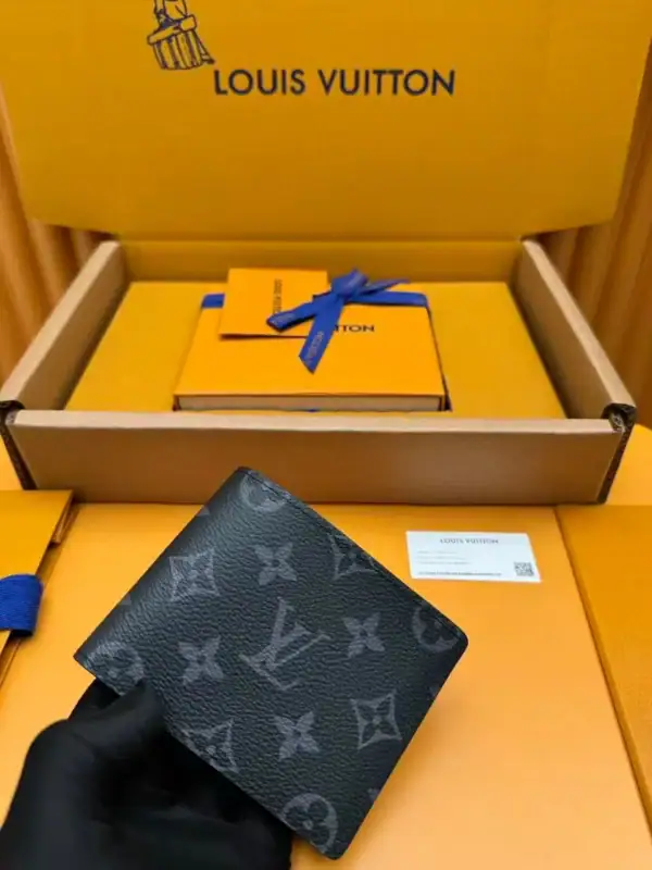 Louis Vuitton Eclipse Monogram men's wallet in black with gray logo pattern.