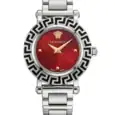 Versace luxury watch with red dial, silver band, and Greek key bezel.
