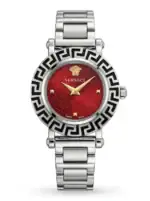 Versace luxury watch with red dial, silver band, and Greek key bezel.