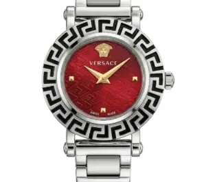 Versace luxury watch with red dial, silver band, and Greek key bezel.