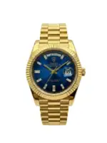 Gold Rolex Day-Date watch with blue dial and date display.