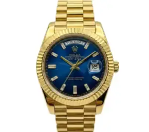 Gold Rolex Day-Date watch with blue dial and date display.