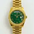 Luxury gold Rolex Day-Date watch with green dial and Roman numerals.