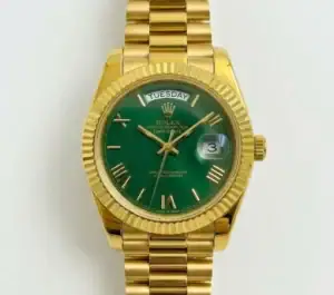 Luxury gold Rolex Day-Date watch with green dial and Roman numerals.
