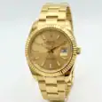 Luxury gold Rolex watch with champagne dial and date display.