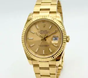 Luxury gold Rolex watch with champagne dial and date display.