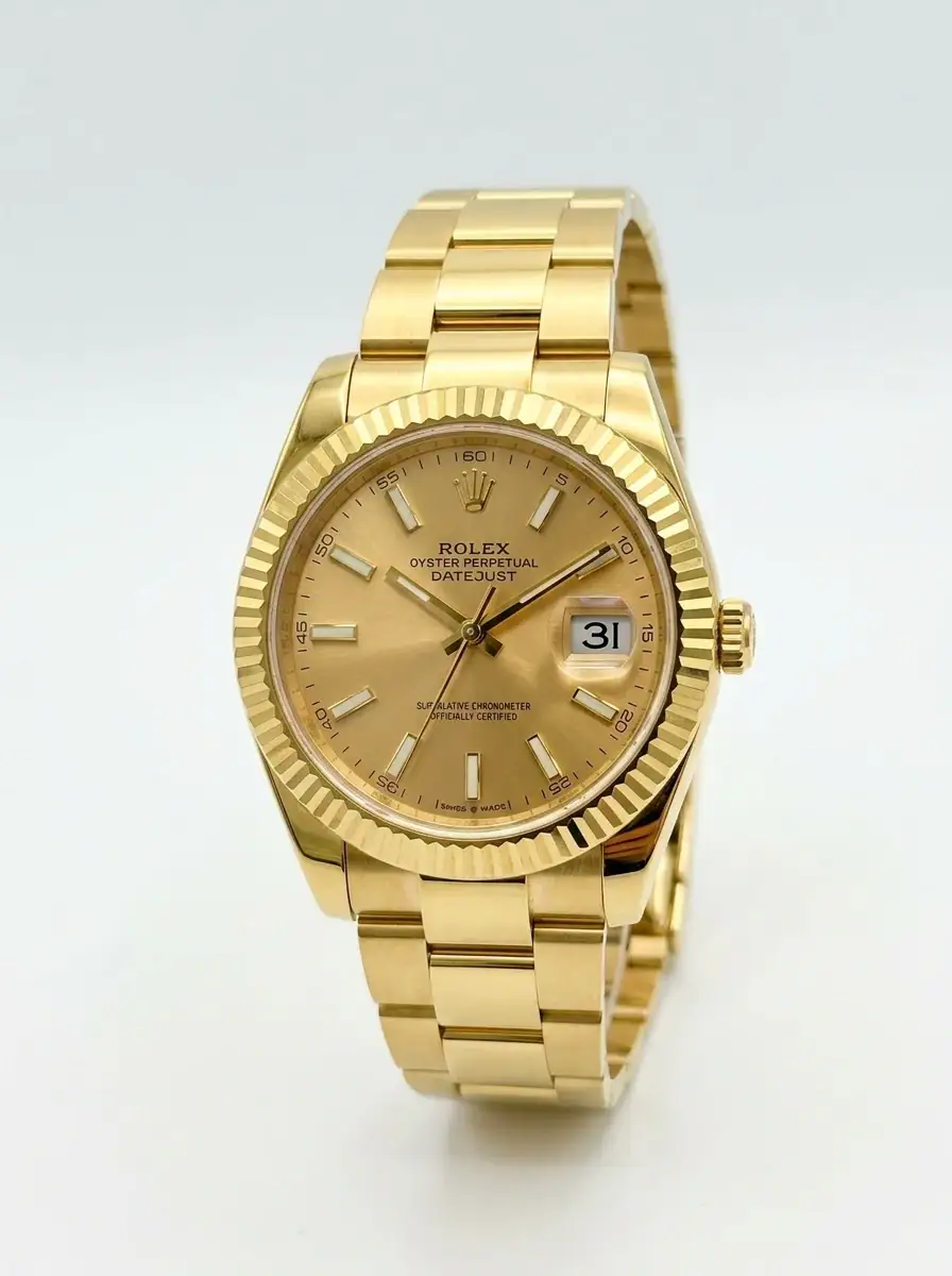 Rolex Champagne Gold Watch Luxury gold Rolex watch with champagne dial and date display.