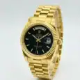 Luxury gold Rolex Day-Date watch with black dial and day-date display.