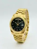 Luxury gold Rolex Day-Date watch with black dial and day-date display.