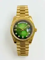 Luxury gold Rolex Day-Date watch with green dial and diamond hour markers.