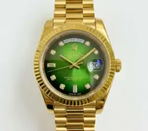 Luxury gold Rolex Day-Date watch with green dial and diamond hour markers.
