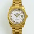 Luxury gold Rolex Day-Date watch with marble dial and day-date display.