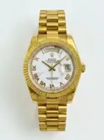 Luxury gold Rolex Day-Date watch with marble dial and day-date display.