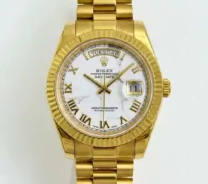 Luxury gold Rolex Day-Date watch with marble dial and day-date display.