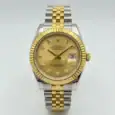 Luxury Rolex Datejust watch with gold and silver band and diamond hour markers.