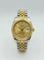 Luxury Rolex Datejust watch with gold and silver band and diamond hour markers.