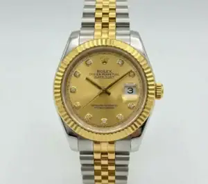 Luxury Rolex Datejust watch with gold and silver band and diamond hour markers.